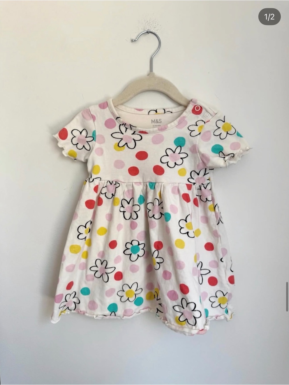 Marks & Spencer White Floral & Polka Dot Baby Dress (Size 12-18m)